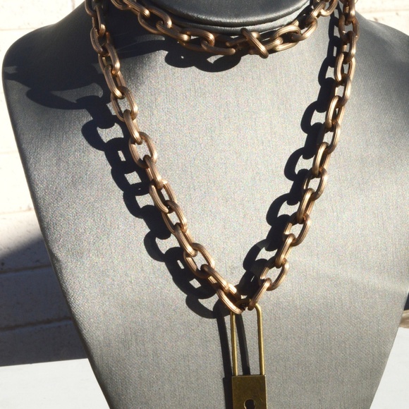 Padlock Chain Brass Cable Lock Necklace Steampunk - Picture 2 of 8